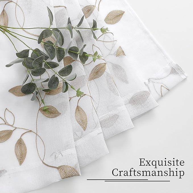 Tollpiz Taupe Leaf Sheer Curtains Leaves Embroidered Living Room Short Curtain Rod Pocket Voile Window Treatments for Bedroom, 54 x 45 inches Long, Set of 2 Panels