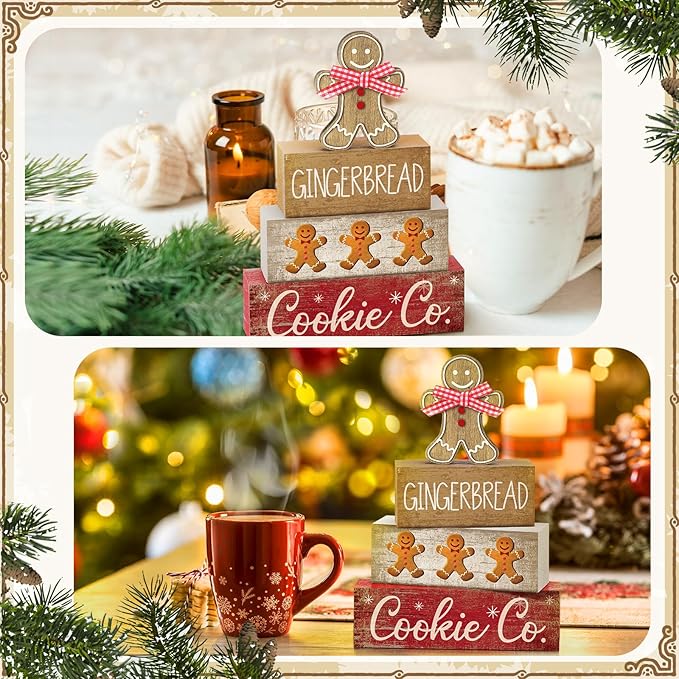 4 Pcs Christmas Table Decor Gingerbread Man Decoration Christmas Centerpiece Winter Tiered Tray Decor Rustic Gingerbread Block Signs Gift Winter Table Decoration for Xmas Party Kitchen Home
