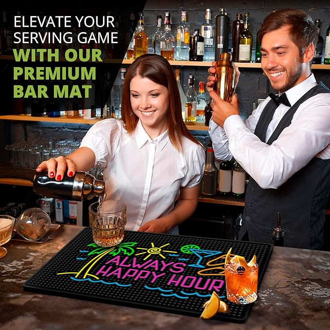Premium Quality Always Happy Hour Bar Mat, Tiki Bar Mat for Bartending 18x12, Outdoor Tiki Bar Decor, Durable Bar Mats for Countertop, Drying Mat for Home Bar, Perfect Home Bar Accessories Xmas Gift