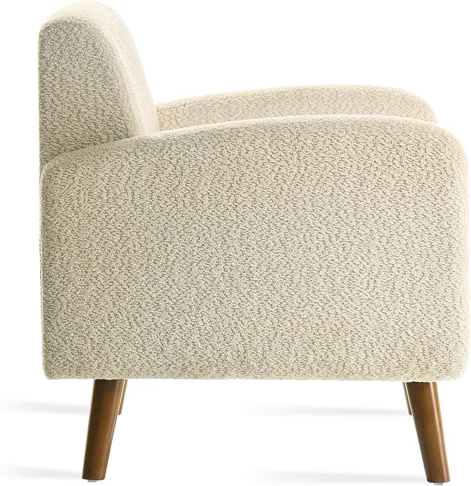 Ultra Comfortable Accent Chair with Deep Seat, Mid-Century Modern Boucle Upholstered Armchair with Rubberwood, Minimal Assembly Required, Cozy Armchair for Living Room or Bedroom (Beige, Single 1)