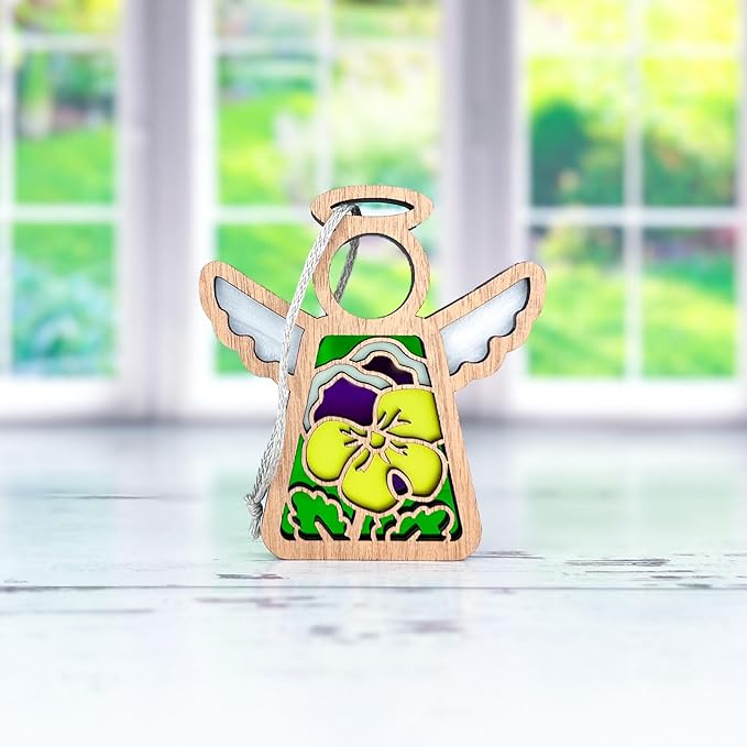 Pansies Gifts for Women - Pansy Christmas Ornament - Yellow Purple Flower Suncatcher - Memorial Angel Figurine - 3.5" (H)