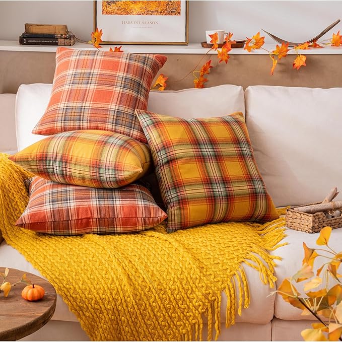 AQOTHES Fall Plaid Yellow Throw Pillow Covers 22x22 Inch, Set of 2 Autumn Decorative Throw Pillows for Couch Sofa Bed Living Room Home Decor, Accent Pillow Cases for Farmhouse Couch Cushion Covers
