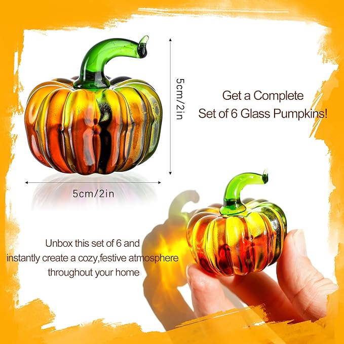 H&D HYALINE & DORA 6 Pcs Blown Glass Pumpkin Figurines Crystal Halloween Pumpkin Paperweight for Home Fall Harvest Thanksgiving Halloween Decor