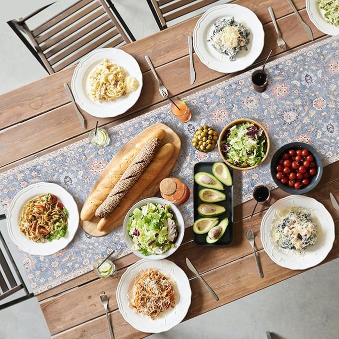 Snycler Table Runner Boho Table Runners Vintage Elegant Farmhouse Table Center Linen Decor for Home Dining Party Entrance (13x72 Inch) Blue