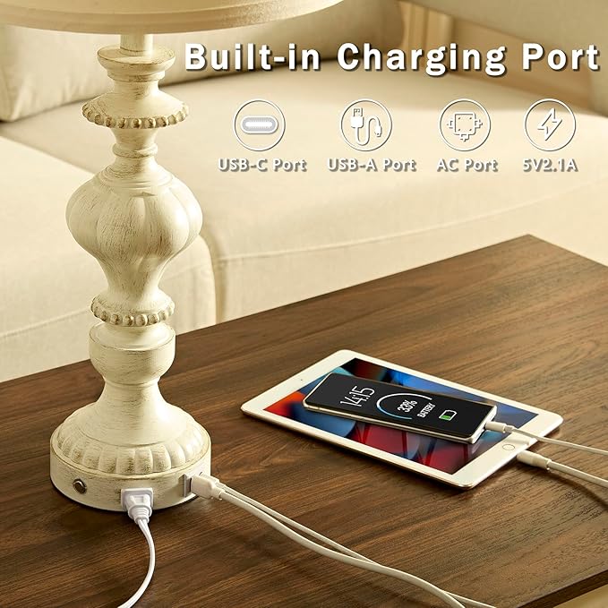 27.5" Farmhouse Table Lamps Set of 2 Bedside Nightstand Lamp with USB C+A Ports & AC Outlet, 3 Way Dimmable Touch Lamps for Bedroom Living Room Office Rustic Lamp (White Gold)