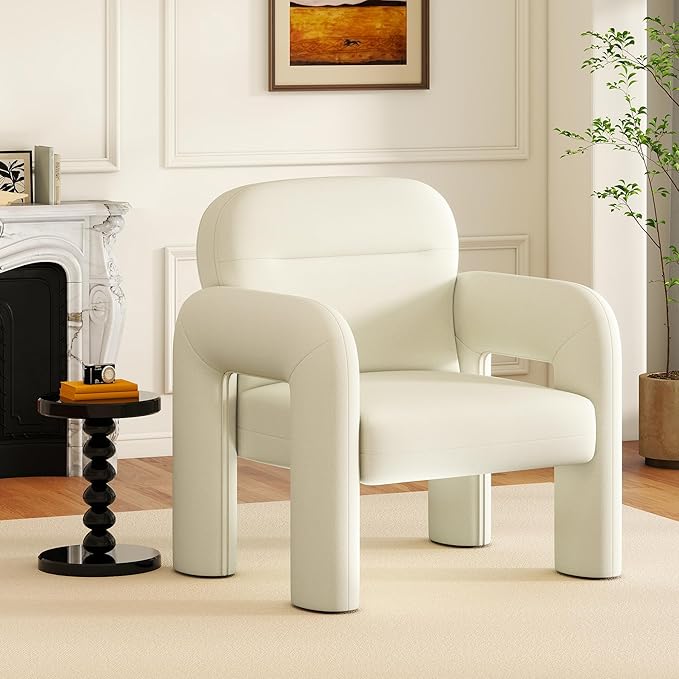 LSSPAID Accent Chairs, Modern Line Fabric Upholstered Armchairs, Comfy Leisure Reading Chair Fluffy Single Sofa Chair for Living Room, Bedrooms, Office (White, 1PC)