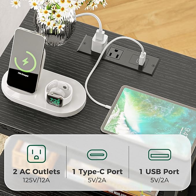 Huuger Nightstand with Charging Station, Side Table with 2 Fabric Drawers, End Table with Open Shelf, Bedside Table with USB-C Port and Outlets, Night Stand for Bedroom, Black