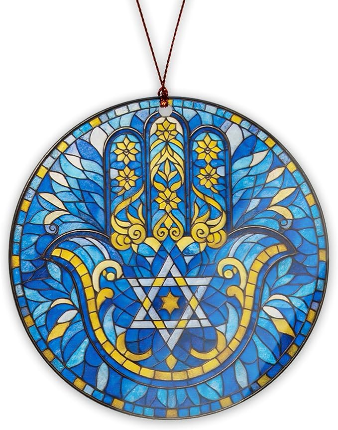 Hanukkah Ornaments Window Decorations with Hamsa Hand Design, Fatima Home Decor Ornament for Spiritual Good Luck, Housewarming Gifts for Mom Dad Friends, Jewish Holiday Decor, Hanukkah Gifts