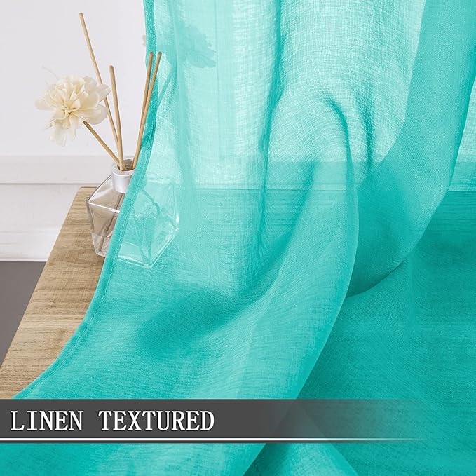 Tollpiz Short Sheer Curtains Linen Textured Living Room Curtain Sheers Light Filtering Rod Pocket Voile Curtains for Bedroom, 42 x 45 inches Long, Aqua Blue, Set of 2 Panels