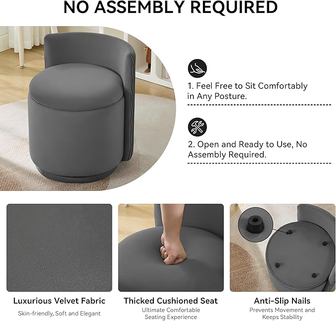 Velvet Vanity Chair with Storage, 360° Swivel Makeup Chair with Wave Back, No Assembly Small Accent Stool for Bedroom, Dressing, Living Room, Grey