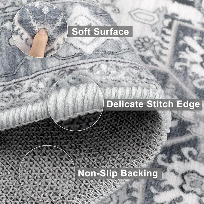 Yamaziot Boho Washable Kitchen Rugs Sets of 3, Non Slip Kitchen Mats for Floor with Rubber Backing, Waterproof & Stain Resistant Thick Carpet Runner Throw Rugs for Kitchen, Laundry Room, Hallway, Grey