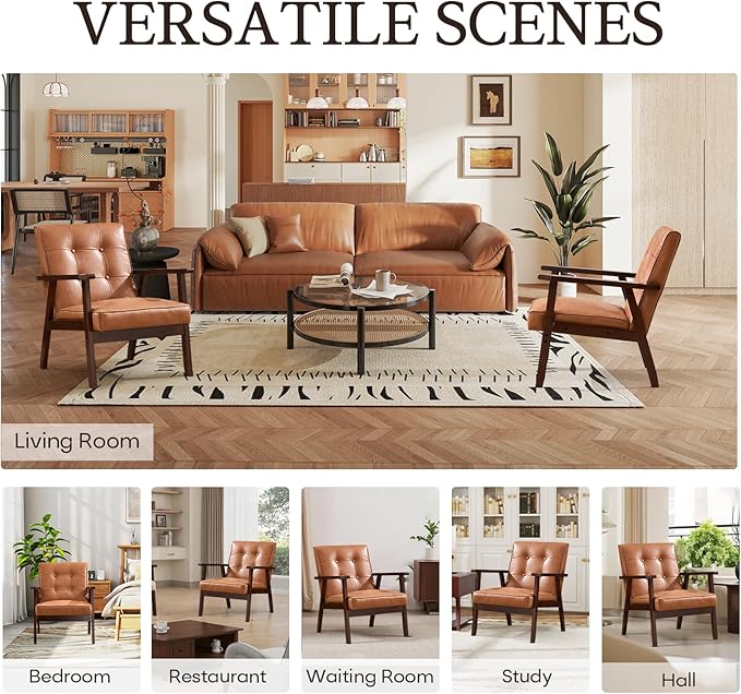 Bonzy Home Mid Century Modern Accent Chair for Living Room, Upholstered Faux Leather Armchair Comfy Retro Bedroom Side Chair with Solid Wood Frame, Orange