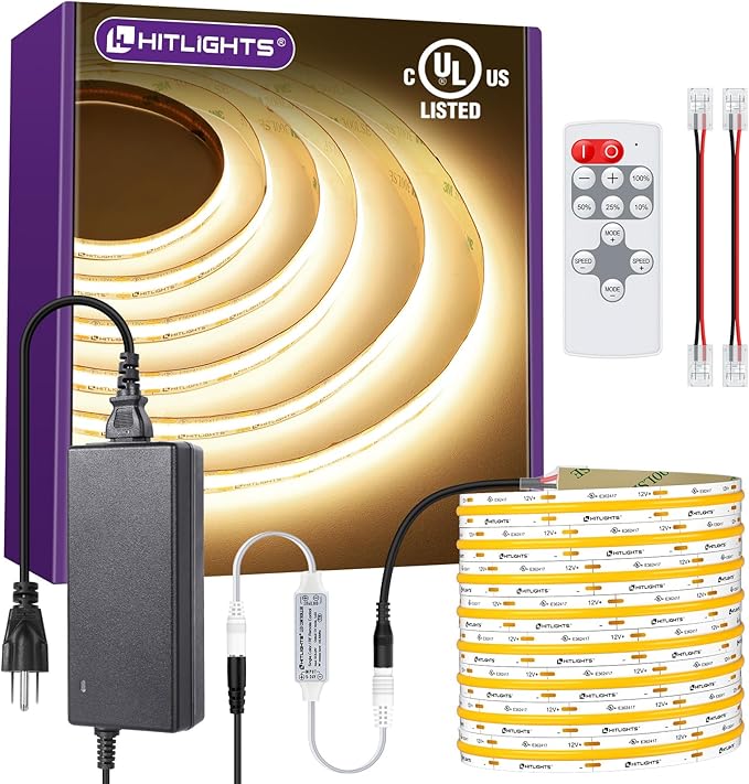 HitLights COB LED Strip Lights Kit Warm White 3000K, Dimmable Tape Light with Remote 12V Power Supply, 2640 LEDs, 426 lm/ft, CRI 90+, UL Listed, Premium Lighting for Kitchen Cabinets Bedroom,16.4ft