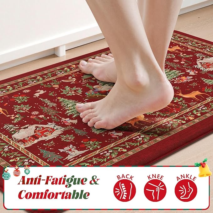 Collive Christmas Snowman Kitchen Floor Mats, Red Winter Xmas Tree Cushioned Anti Fatigue Kitchen Rugs 2 Piece Waterproof Elk Sled Sink Mat, Non Slip Foam Comfort Standing Desk Rug for Home Decor