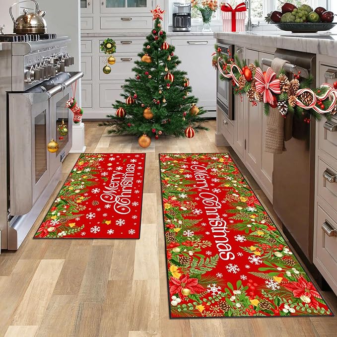 ACZHHZC Merry Christmas Kitchen Rugs and Mats Set of 2, Winter Snowflake Xmas Tree Holiday Home Kitchen Decor Floor Mats, Washable Non-Slip Sink Carpet (Christma 4, 17"x47"+17"x30")