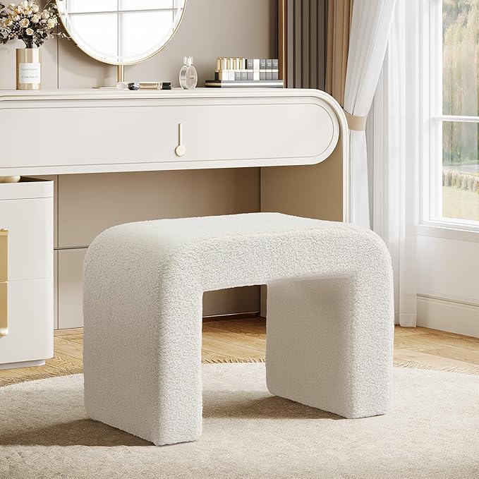 Tribesigns White Vanity Stool, Arched Foot Rest for Couch, Large Foot Stool Ottoman, Modern Extra Seating for Living Room, Shoe Bench for Entryway, Dressing Chair for Bedroom, Fully Assembly
