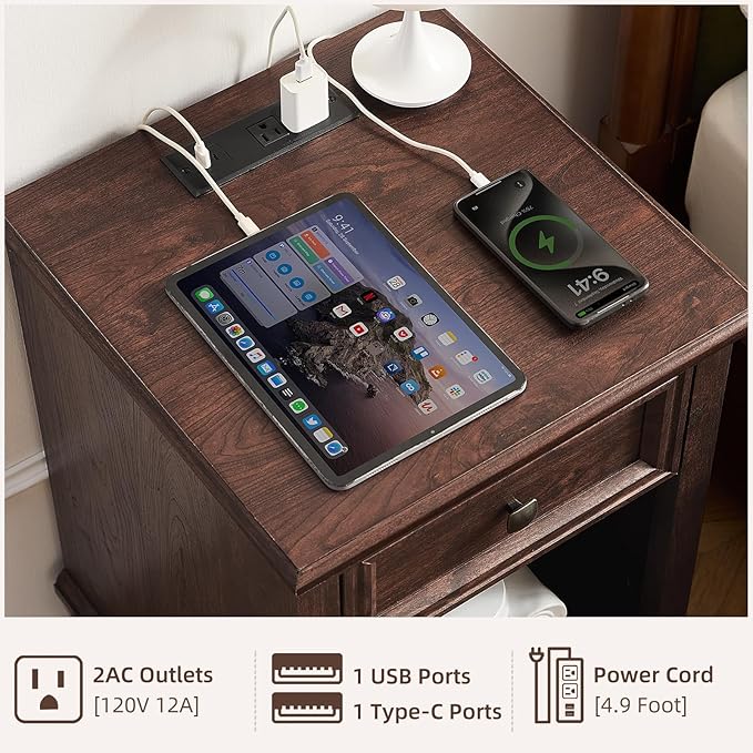 Farmhouse End Tables Living Room with Drawer, Rustic Wood Nightstand with Charging Station, Brown Bedside Table with Open Shelf for Bed Room, Living Room, Walnut