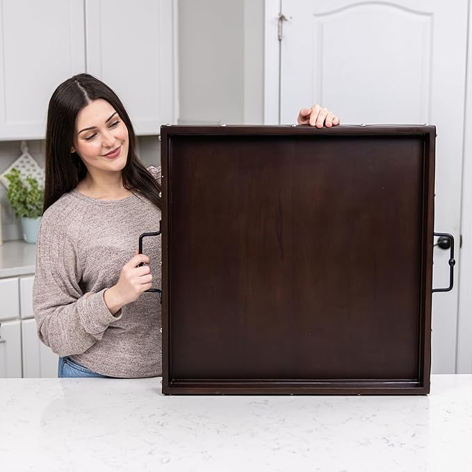 24"x24" Extra Large Square Ottoman Tray, Heavy Duty Mango Wood, for Serving Tea, Breakfast in Bed, Living Room Large Coffee Table Tray Rustic with Farmhouse Style, Decorative Handles and Accent Strap