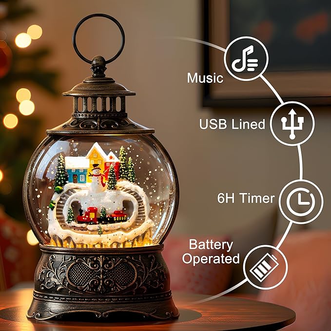 9.8" Christmas Snow Globe Water Lantern with Snowman and Train Scene Battery Operated or USB Powered Musical Lighted Holiday Decoration for Tabletop Display for Family and Friends