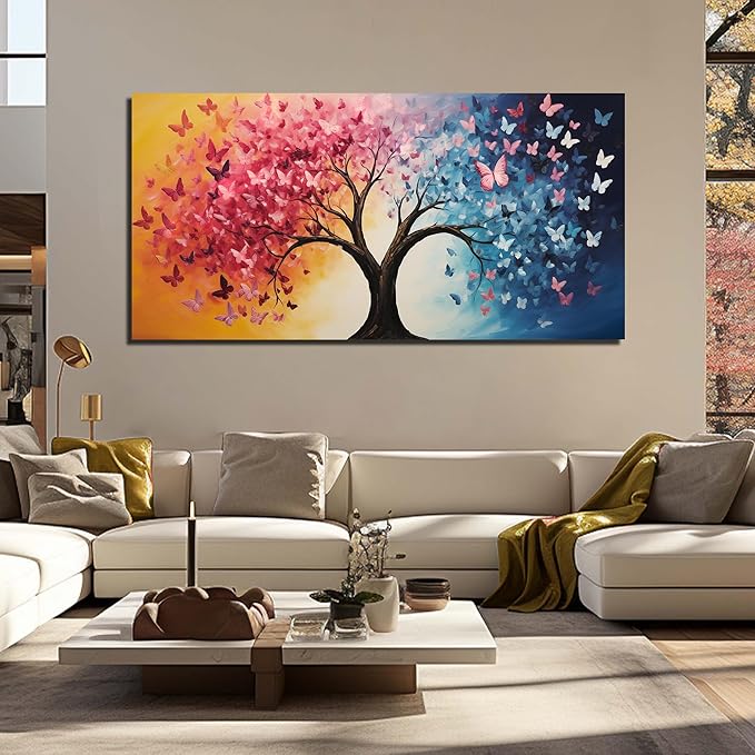 GUGIKA Tree Wall Art for Living Room, Pink Gold and Blue Butterflies Canvas Wall-Decor for Bedroom, Natural Picture Print for Hallway, Large Size 59x29 Inches