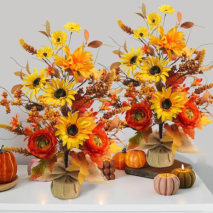 2 Pack Fall Table Decor, 19.6" Artificial Tabletop Fall Tree with Maple Leaves Sunflowers Fall Decorations for Indoor Outdoor Home Autumn Thanksgiving Table Centerpieces