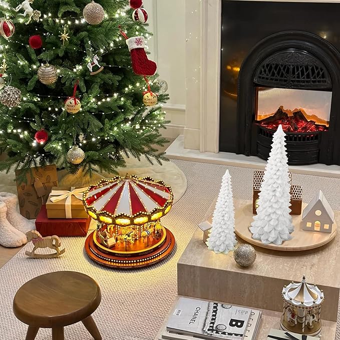 2Pcs Christmas Tree Decoration Figurines, Christmas Tree Statues Glittered Resin Desktop Mini Small Tabletop Ornaments Holiday Fireplace Home Decor Gifts (White)