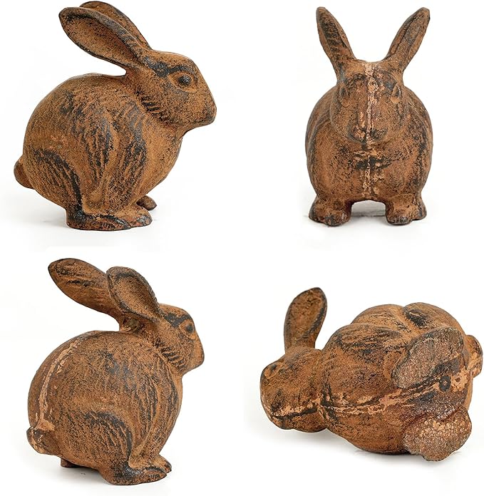Sungmor Cast Iron Rabbit Statue, Vintage Animal Collection Figurines, Home Office Table Decor, Paperweight, Doorstop, Garden Lawn Cute Ornament, Rust Finish
