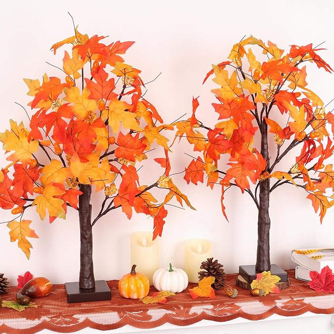 2 Pack 24 Inch Artificial Lighted Maple Tree with 48 LEDs Timer Fall Thanksgiving Decorations Battery Operated Prelit Maple Tree Table Lights for Thanksgiving Decor Home Indoor Autumn Harvest