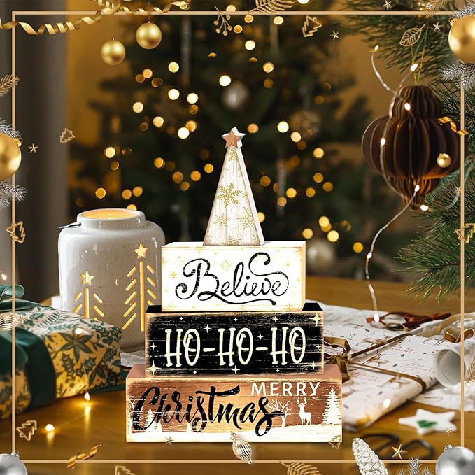 Britimes 4 Pcs Christmas Tiered Tray Decorations Set Believe HO-HO-HO Merry Christmas Reindeer Stack Block Signs Neutral Rustic Holiday Decor (Neutral HO-HO)