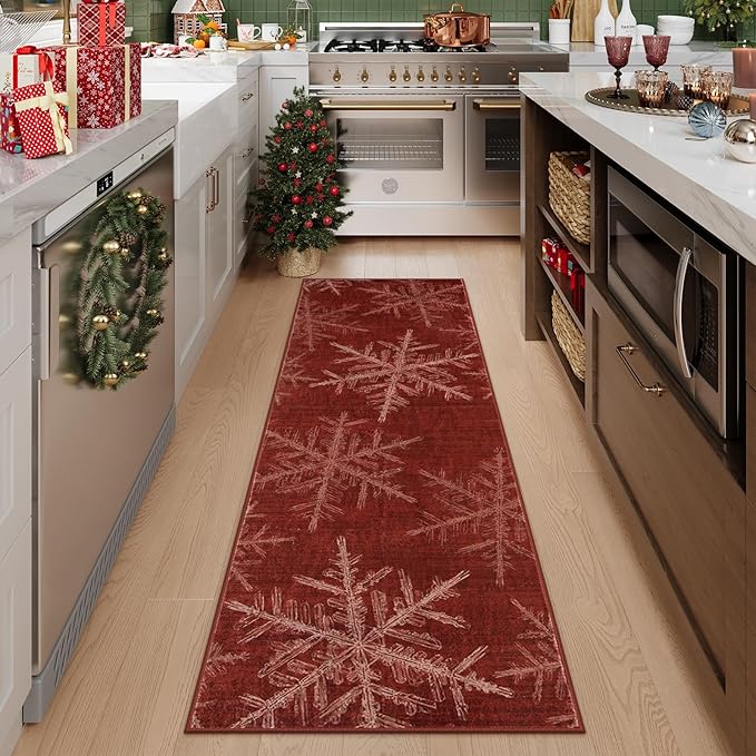 Lahome Snowflake Christmas Runner Rug, 2x6 Red Christmas Rug Runner Soft Non Slip Kitchen Runner Rugs with Rubber Backing Holiday Decor Carpet Runners for Hallways Bedroom Laundry(2x6ft,Red)
