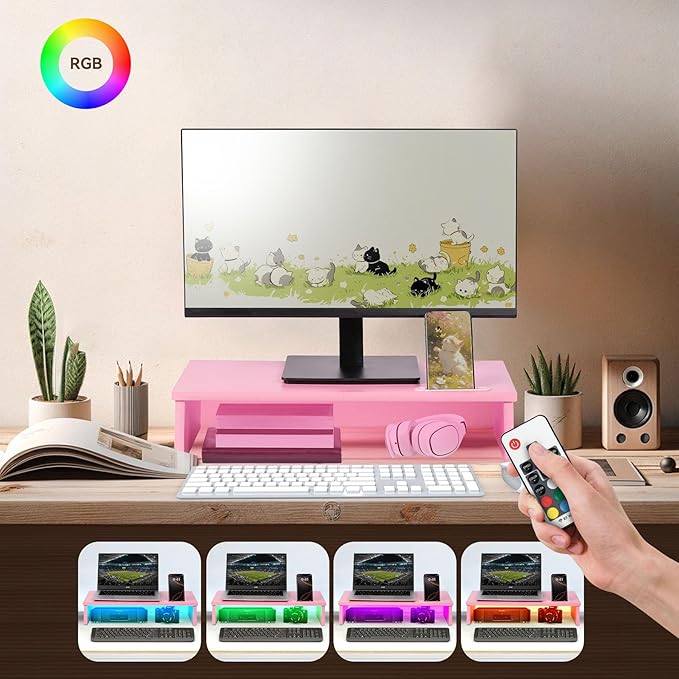 21" Monitor Stand Riser with LED Lights and Phone Holder, Monitor Stand for Desk, Computer Monitor Stand, Desk Shelf for Top of Desk, Desktop Organizer for Laptop, Printer, TV