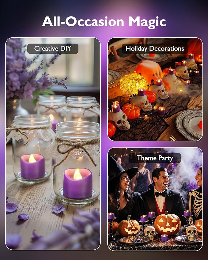 Homemory Purple Tea Lights Candles Battery Operated, 200+Hour Flameless Flickering Fake Electric LED Colored Tealights Candles for Party, Wedding, Halloween, Mardi Gras, Holiday Decor, 12-Pack
