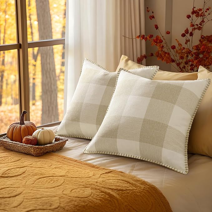 decorUhome Christmas Buffalo Plaid Check Throw Pillow Covers 22x22 Set of 2, Outdoor Linen Decorative Farmhouse Gingham Pillow Covers with Stitched Edge for Bed Couch Sofa, Cream White and Beige