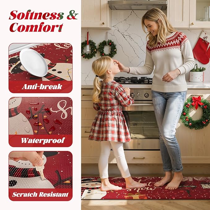 Christmas Snowman Anti Fatigue Mats for Kitchen Floor, Red Winter Xmas Tree Cushioned Kitchen Rugs Sets of 2, Waterproof Non Slip Sink Rug Comfort Standing Mat for Holiday Decor 17x30+17x47 inch