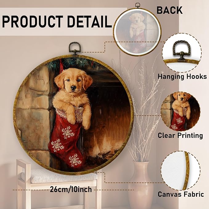 QZQE Vintage Christmas Golden Retriever Round Wall Art Decor Framed, Christmas Dog Circle Canvas Prints, Moody Winter Xmas Dog Stocking Circular Wall Hanging Decor for Home Bedroom, 10x10 Inch