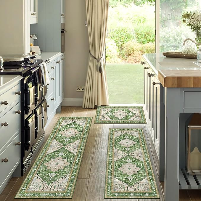 Yamaziot Boho Washable Kitchen Rugs Sets of 3, Non Slip Kitchen Mats for Floor with Rubber Backing, Waterproof & Stain Resistant Thick Carpet Runner Throw Rug for Kitchen, Laundry Room, Hallway, Green