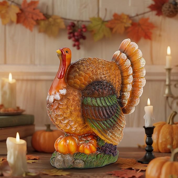 winemana Thanksgiving Table Decorations Resin Turkey with Pumpkin, Hand-Painted Fall Figurine Centerpiece for Home Kitchen Office Harvest Day Decor