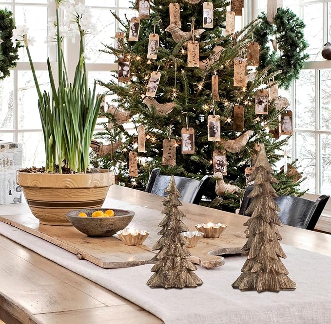 MEETYAMOR Christmas Decorations Indoor, Set of 2 Golden Resin Christmas Trees for Table Decor, Farmhouse Rustic Xmas Decorations Figurines for Home, Kitchen, Mantle, Shelf