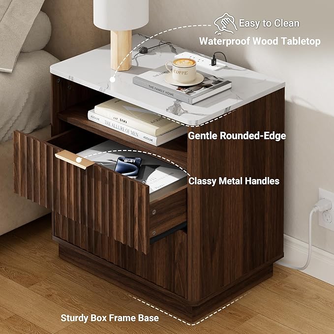 Large Fluted Nightstand Set of 2 with Charging Station, 23" Modern End Table with Faux Marble Top, 2 Drawers Side Table with Storage, for Bedroom Living Room, Curved Profile Design(Walnut)