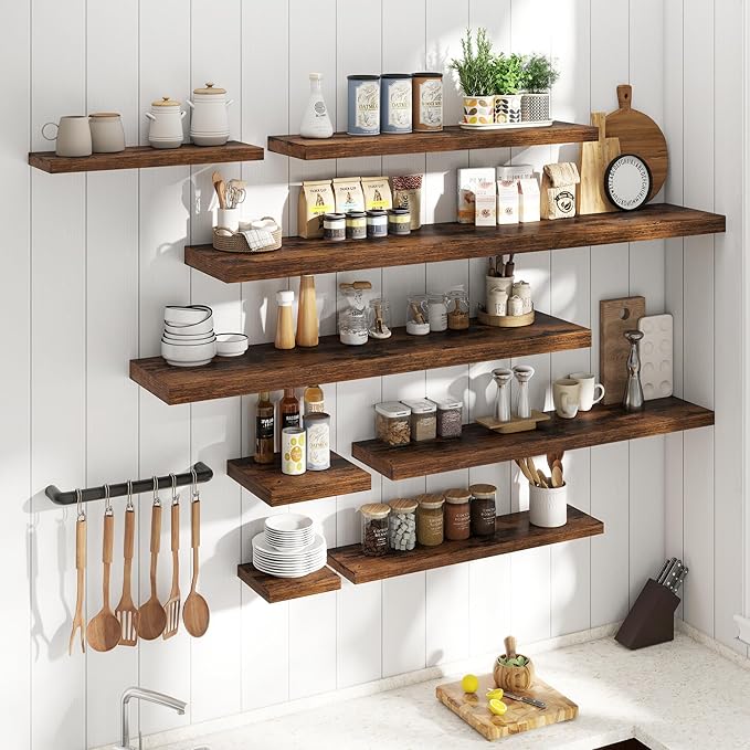 Floating Shelves for Wall with Invisible Brackets, Wall Mounted Engineered Wood Shelves with Wood Grain for Living Room, Bathroom, Kitchen Decor and Storage, Oak, 40"L Set of 2, Rustic Brown