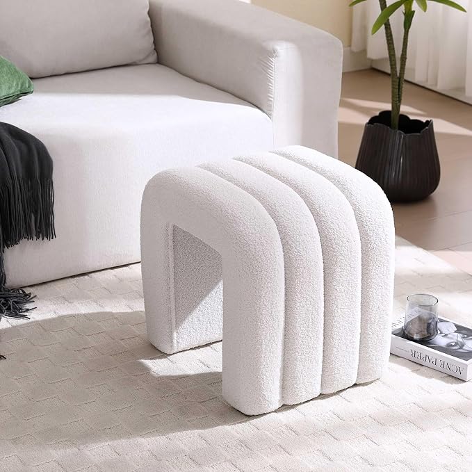 Flouki Ottoman Foot Stool with Channel Tufted, Small Ottoman Bench for Entryway, Modern Sherpa Vanity Stool Chair, Upholstered Foot Rest Extra Seat for Living Room (Off-White)