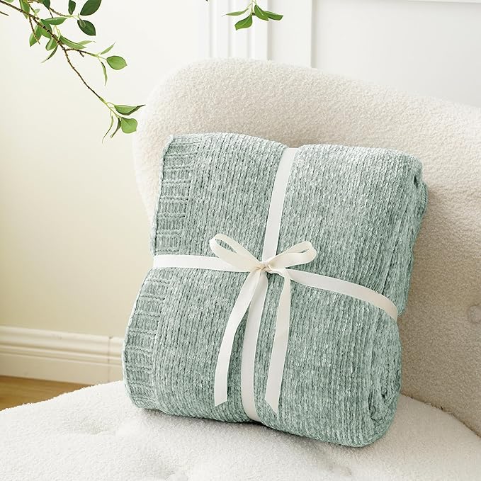 BATTILO HOME Sage Green Throw Blanket for Home Decor, Chenille Knit Throw Blanket for Couch, Sofa, Chair, Cozy Soft Blanket, 51"x67"