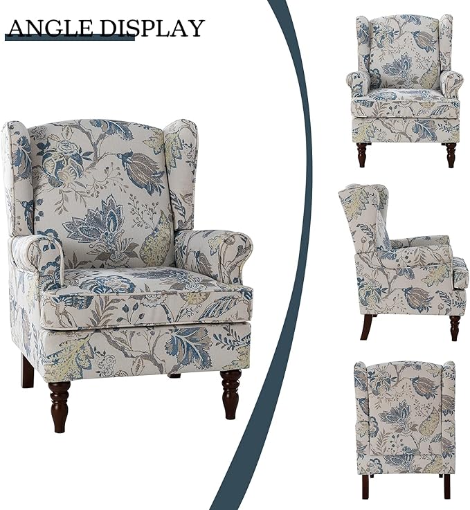 HULALA HOME Wingback Accent Chairs Set of 2 with Retro Wood Legs, Traditional Fabric Armchairs for Living Room Bedroom, Comfy Upholstered Sofa Chairs Reading Chairs with Unique Pattern Design, Blue