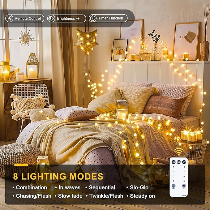 100ft Globe String Lights Indoor Outdoor Waterproof, 200 LED Christmas fairy Lights Plug in with Remote, Connectable Hanging Lights for Bedroom Classroom Camping Patio Wedding Garden Decor, Warm White