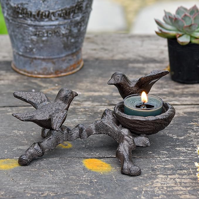 Sungmor Vintage Cast Iron Tealight Candle Holder, Lovely & Beautiful Birds Nest Design, Unique Tabletop Shelf Home Decor Pieces, Small Birds Statue Candle Holders Coffee Table Centerpieces Decor
