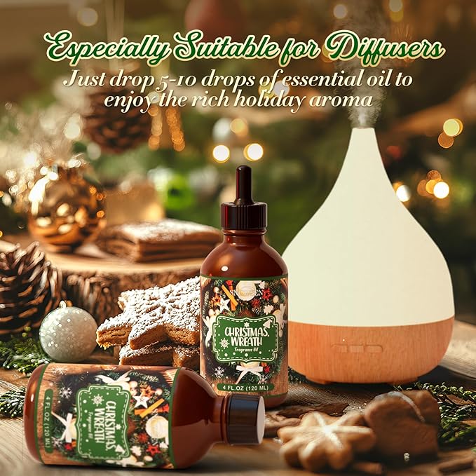 Christmas Wreath Fragrance Oil 4 Fl Oz, Undiluted Winter Essential Oil with Glass Dropper for Diffuser, Humidifier, House Cleaning,Spray,Soap Making,Candle Making,Yoga,Long Lasting Scents