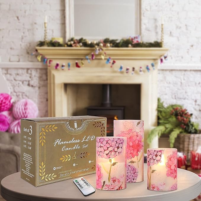 Flameless Candles Flicker LED Flame-Simulated, Pink Hydrangea Love Theme Realistic Glass Candles with Remote Timer, Lady's Gift Home Decor Bedroom Dinner Table Ornament 3" x 4" 5" 6"