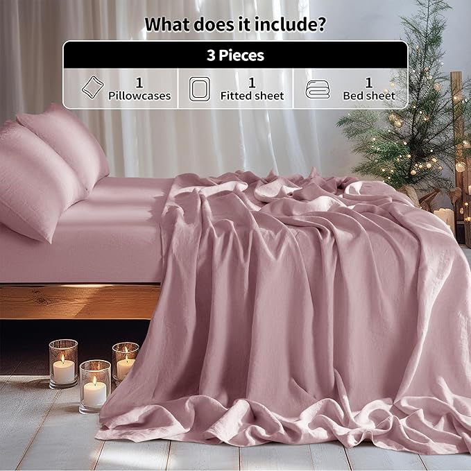 LBRO2M 100% Linen Sheet Set Twin Size,Bed Sheets 3 Piece Sets,Solid Color Natural Flax Bed Sheets Soft Breathable Bedding,16" Deep Pocket,All Season (Twin, Embroidery Purple)