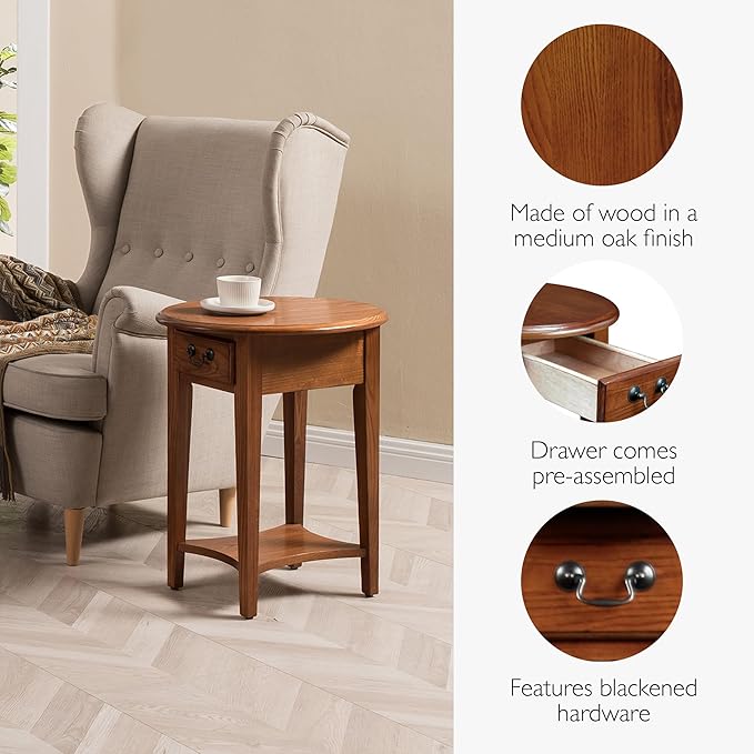 Haven Ridge Solid Wood Oval Side Table with Drawer and Shelf, Medium Oak Brown, Perfect for Living Rooms, Bedrooms, and Small Spaces – Leick Home, 9042-MED