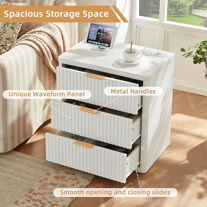 LEYAOYAO 23" Wide Fluted Farmhouse Night Stand Set of 2 with Charging Station, 3 Drawers Large End Table w/Metal Handle,White Nightstand Bedside Table,Wood Dresser for Bedroom, Closet